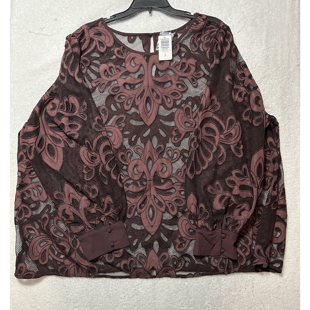 Torrid Womens Size 4 Purple Long Sleeve Mesh Embroidered Sheer Blouse Top (U2)